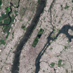 A satellite photo showing the shape of Manhattan Island